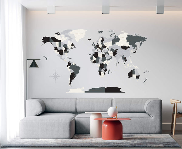 خريطة العالم الخشبية ثلاثية الابعاد باللون الرمادي والاسود 3D